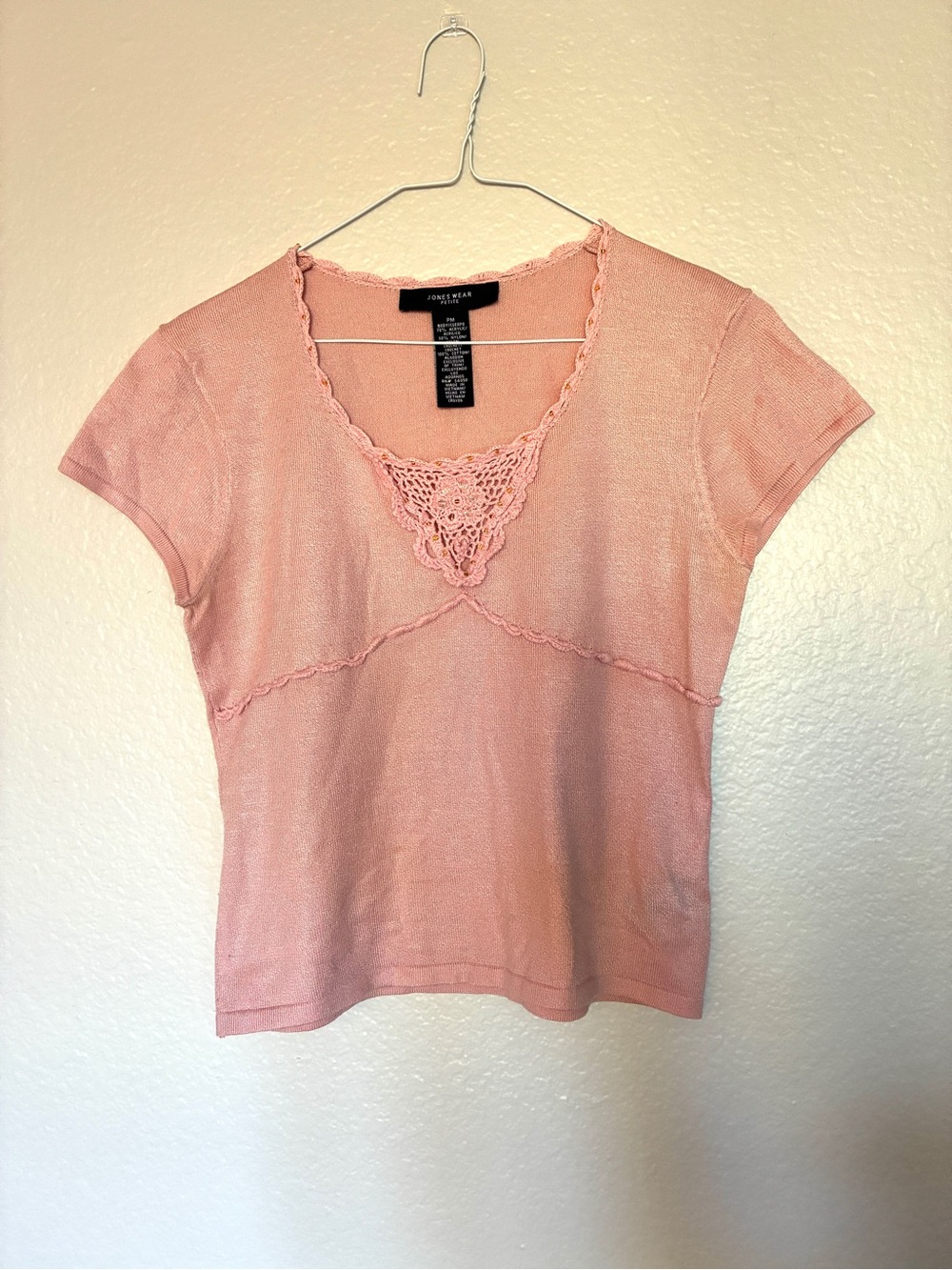 Jones Wear Petite Baby Pink Crochet-Trim Flower Babydoll T-shirt Y2K 2000s